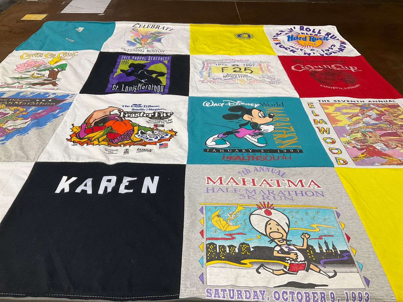 T-shirt quilt with running, marathons themes by Karen from MA