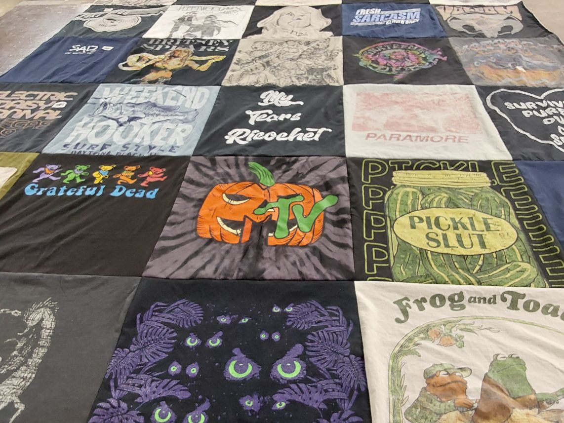 T-shirt quilt with music, bands themes by carrie from FL