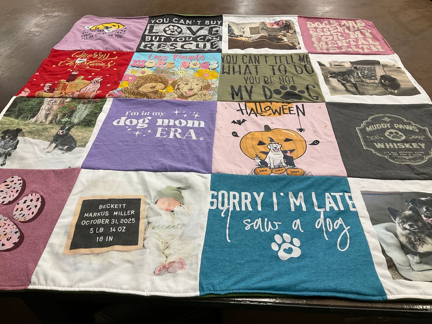 T-shirt quilt with dogs, pets themes by Elaine from IL