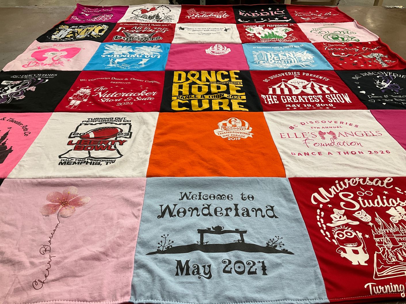 T-shirt quilt with dance, theater themes by Pamela from PA
