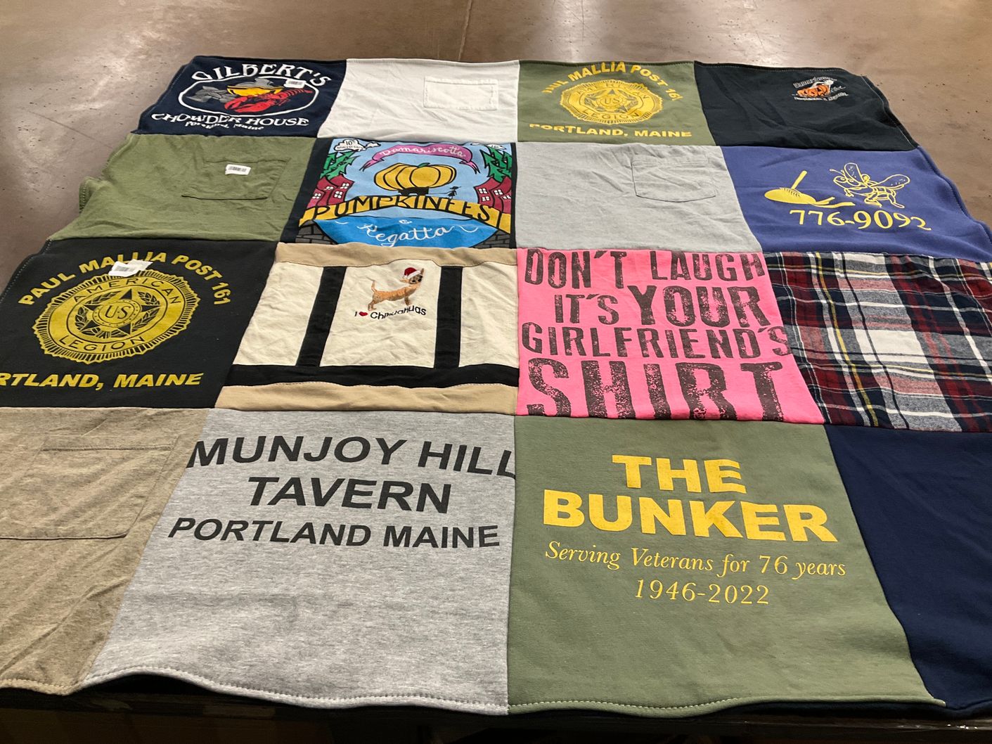 T-shirt quilt with cooking, community events themes by Jean from ME