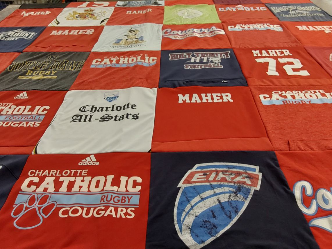 T-shirt quilt featuring charlotte catholic cougars by Melvina from NC