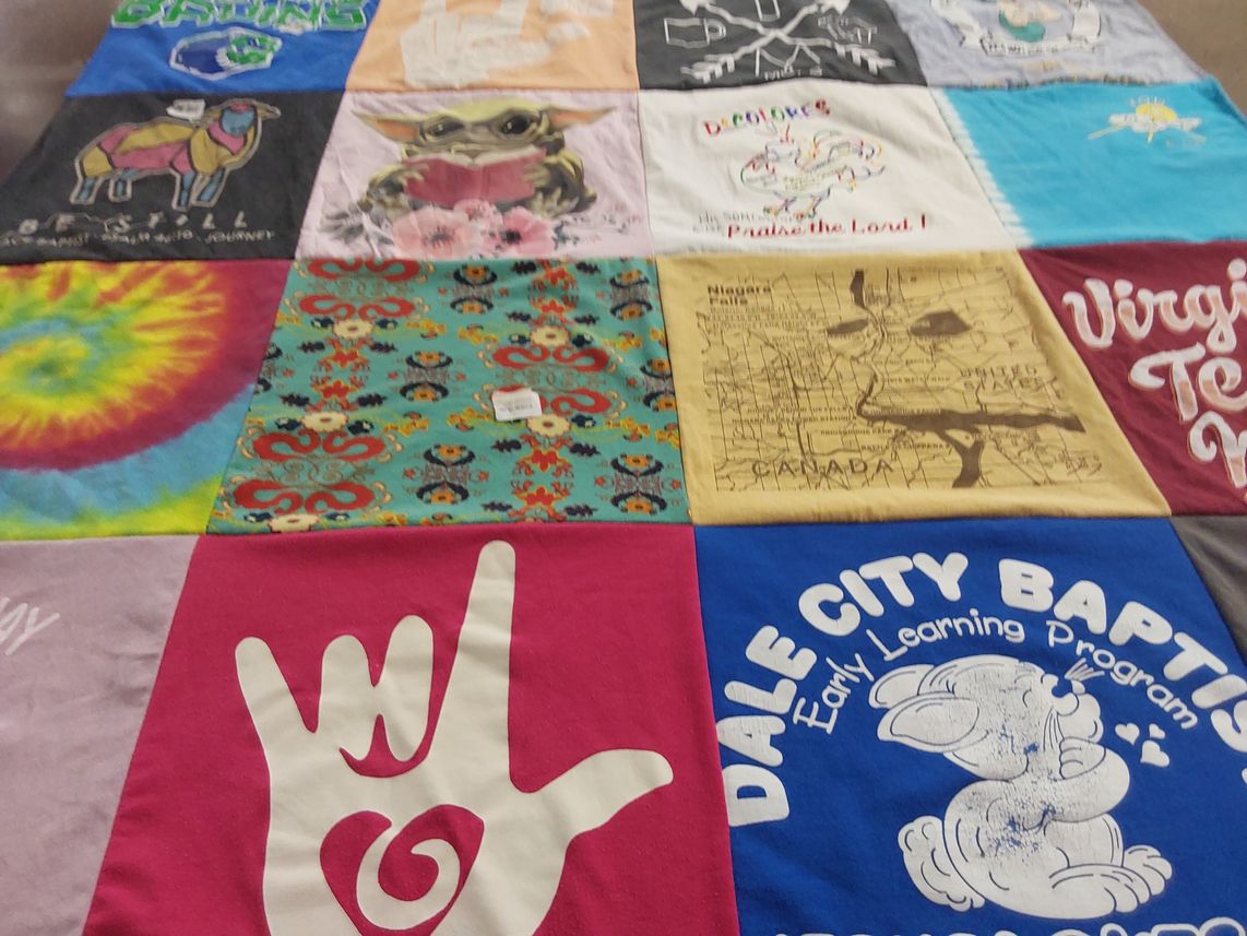T-shirt quilt with crafting, education themes by Steve from VA