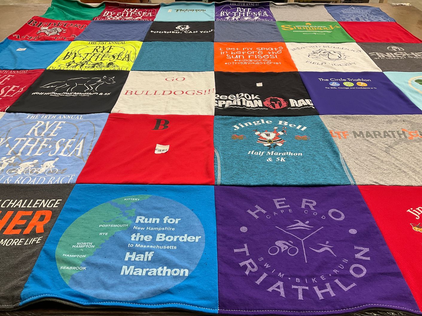 T-shirt quilt with running, triathlons themes by Kathleen from NH