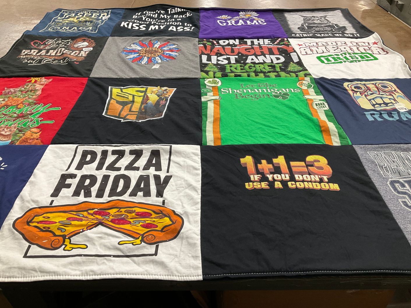 T-shirt quilt with humor, food themes by Lysa from IA