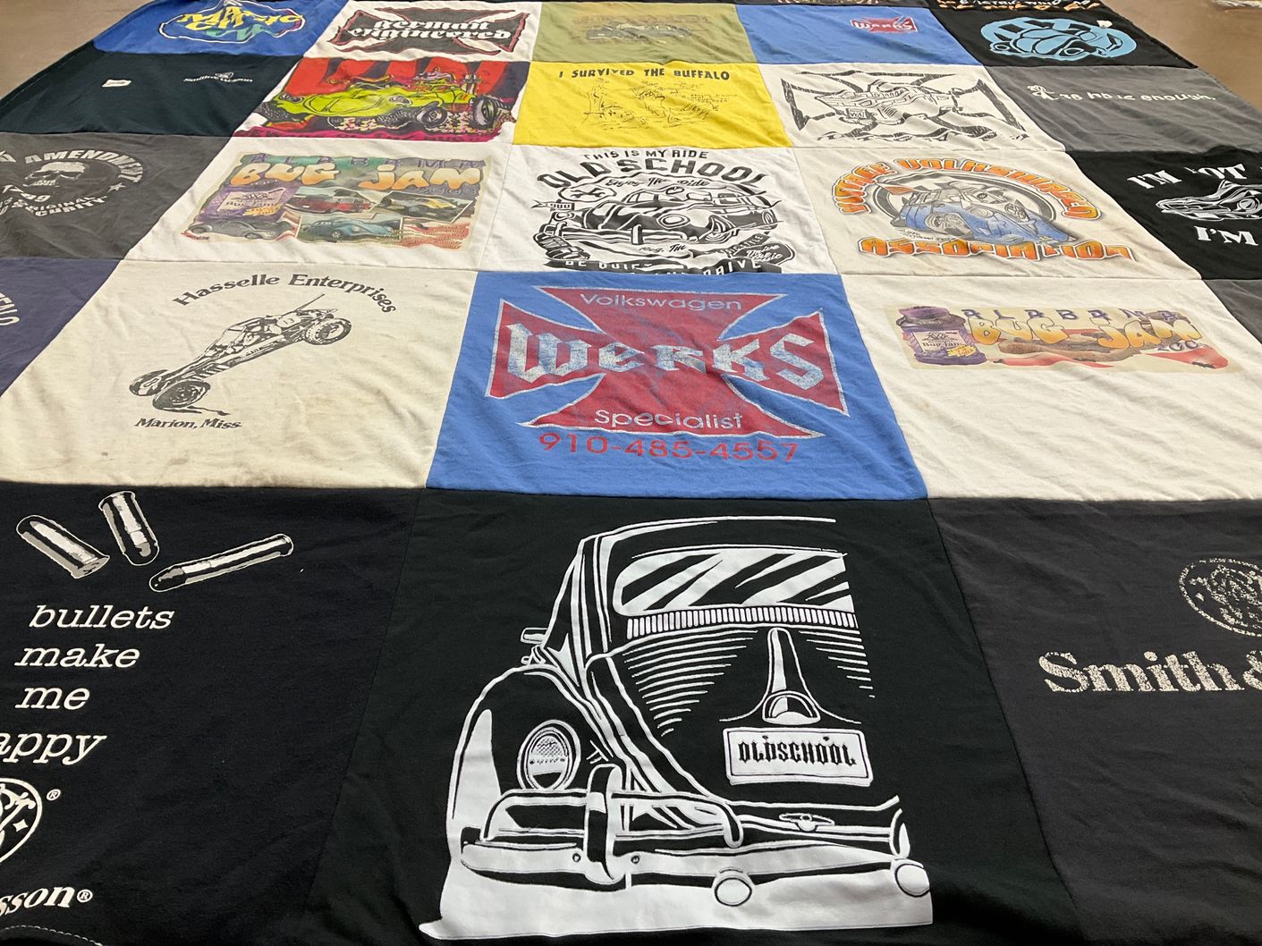 T-shirt quilt with automobiles, car culture themes by Nannette from MS