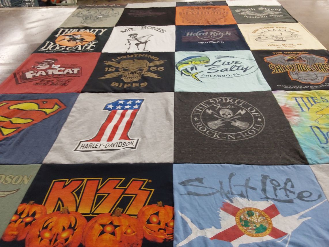 T-shirt quilt with motorcycles, music themes by Valerie from FL