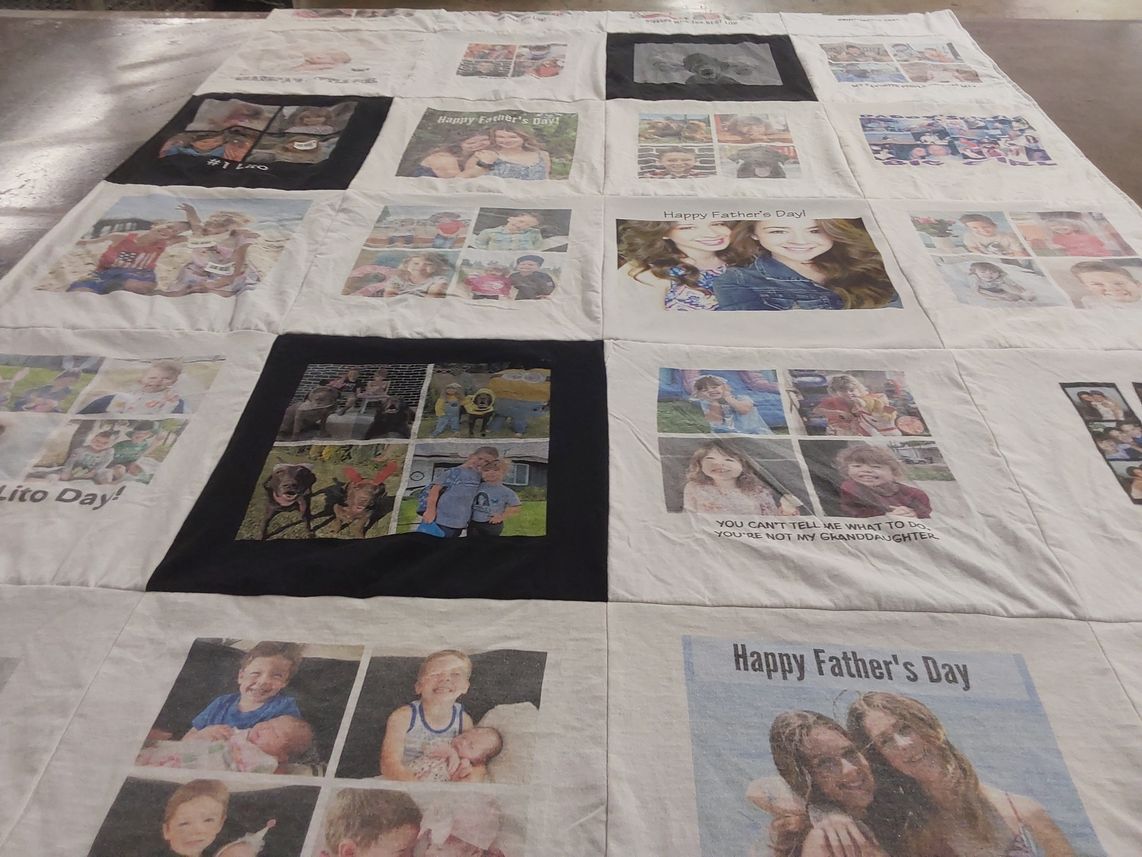 T-shirt quilt with family, celebration themes by Claudia from CA