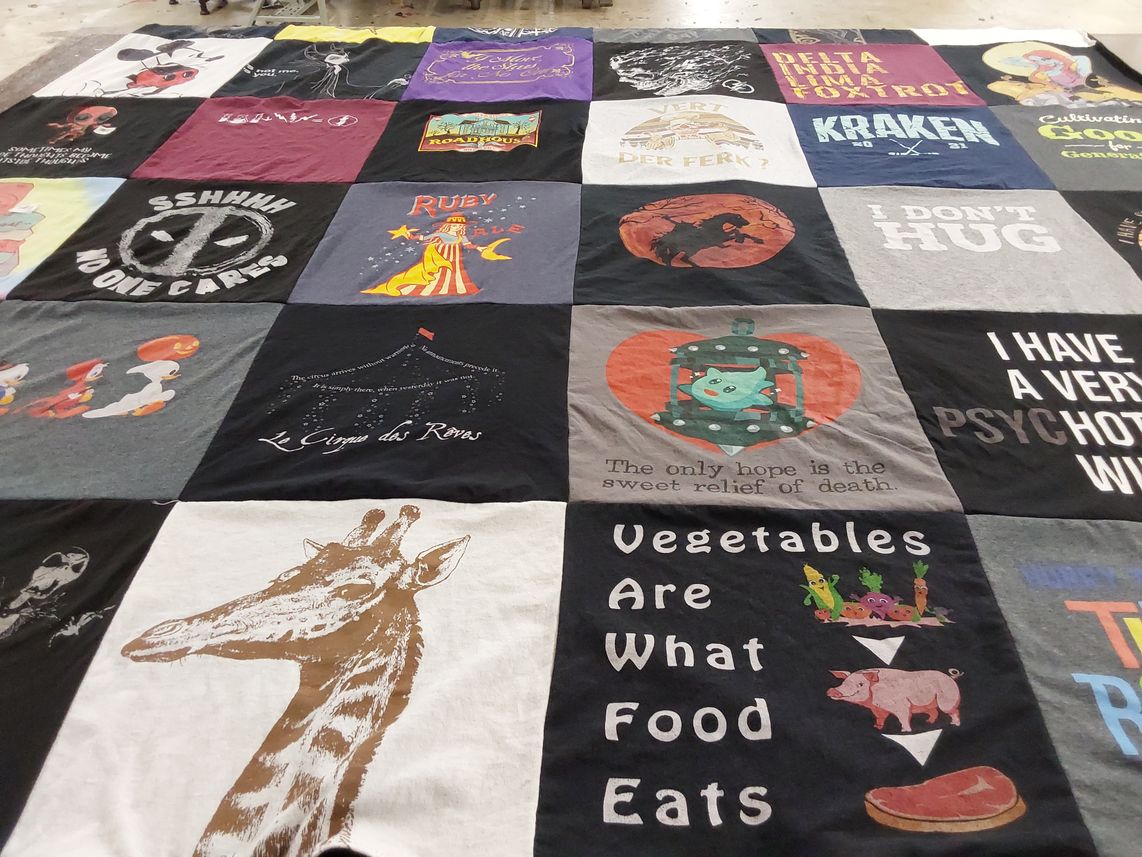 T-shirt quilt with comics, movies themes by Bill from OR
