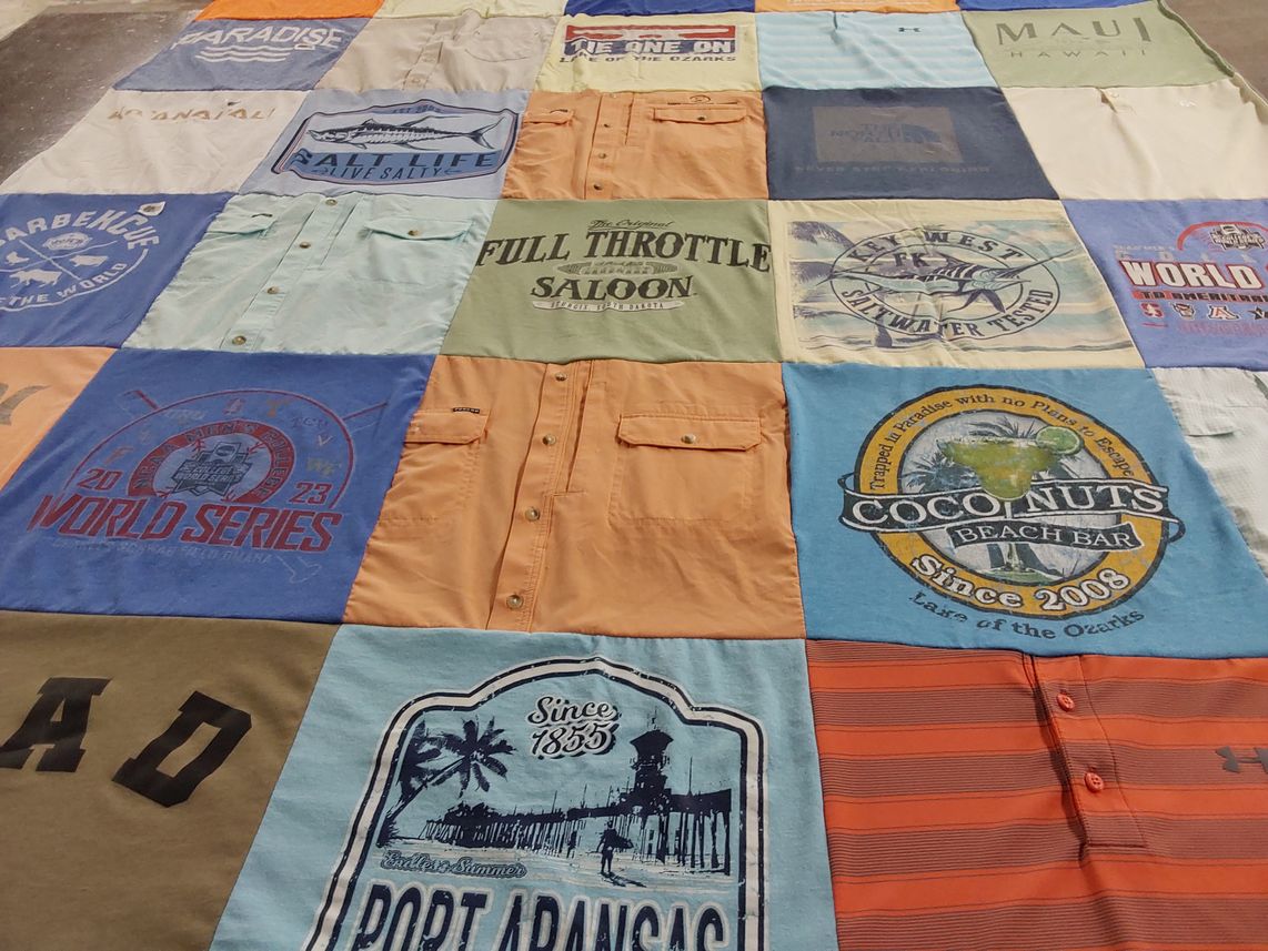 T-shirt quilt with beach, water activities themes by Leah from NE
