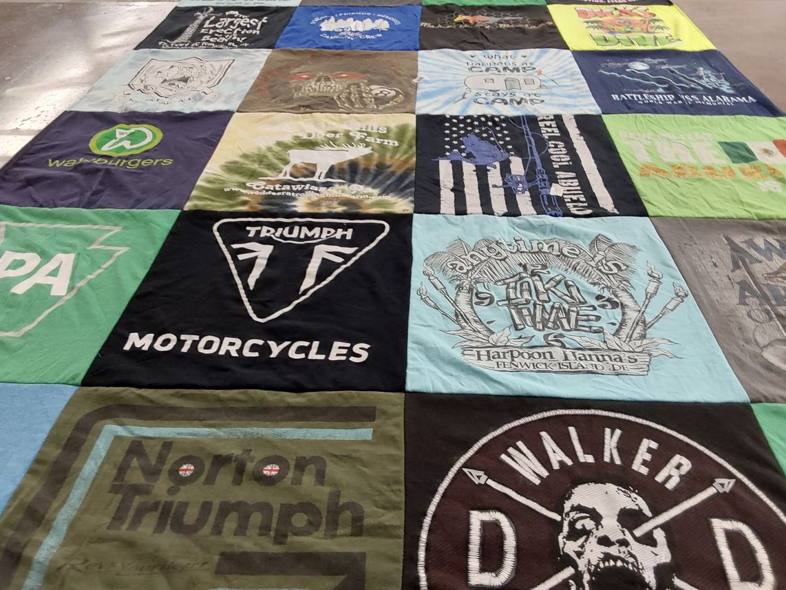 T-shirt quilt with motorcycling, food themes by Ronald from PA