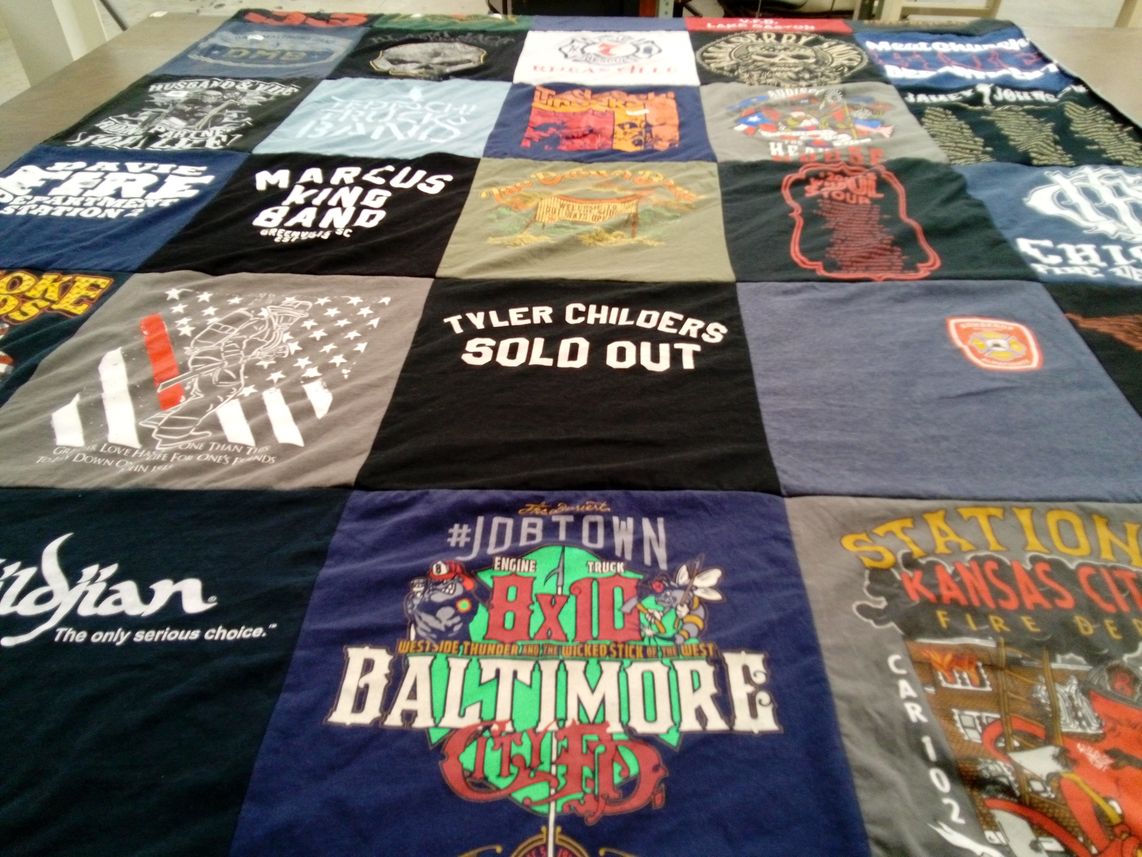 T-shirt quilt with music, firefighting themes by Kelly from NC
