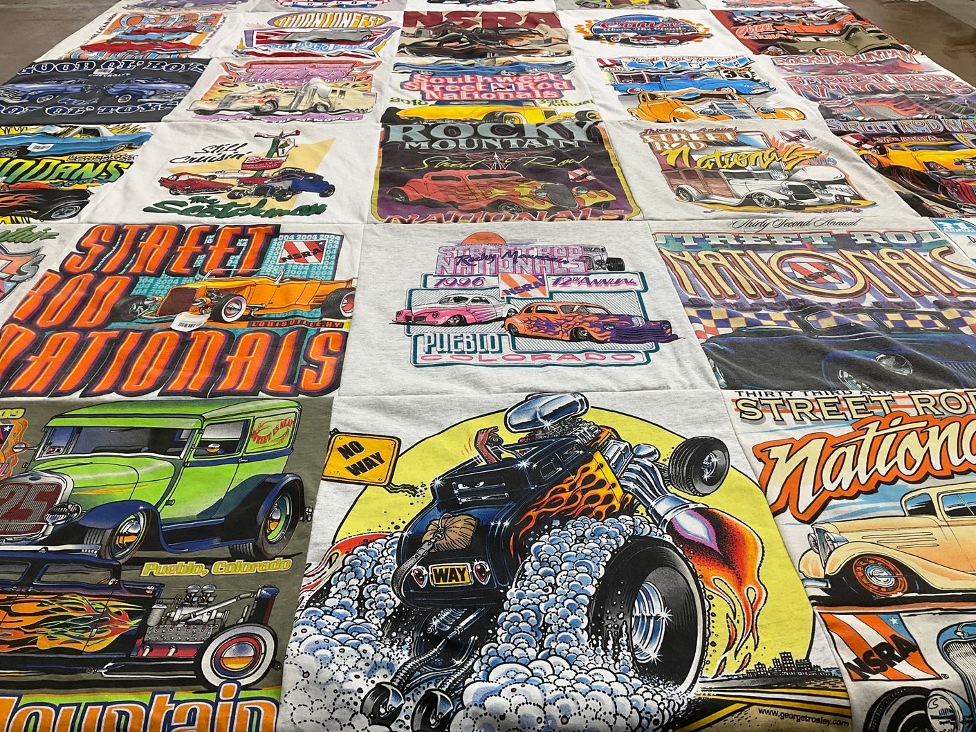 T-shirt quilt with car shows, street rods themes by Lori from CO