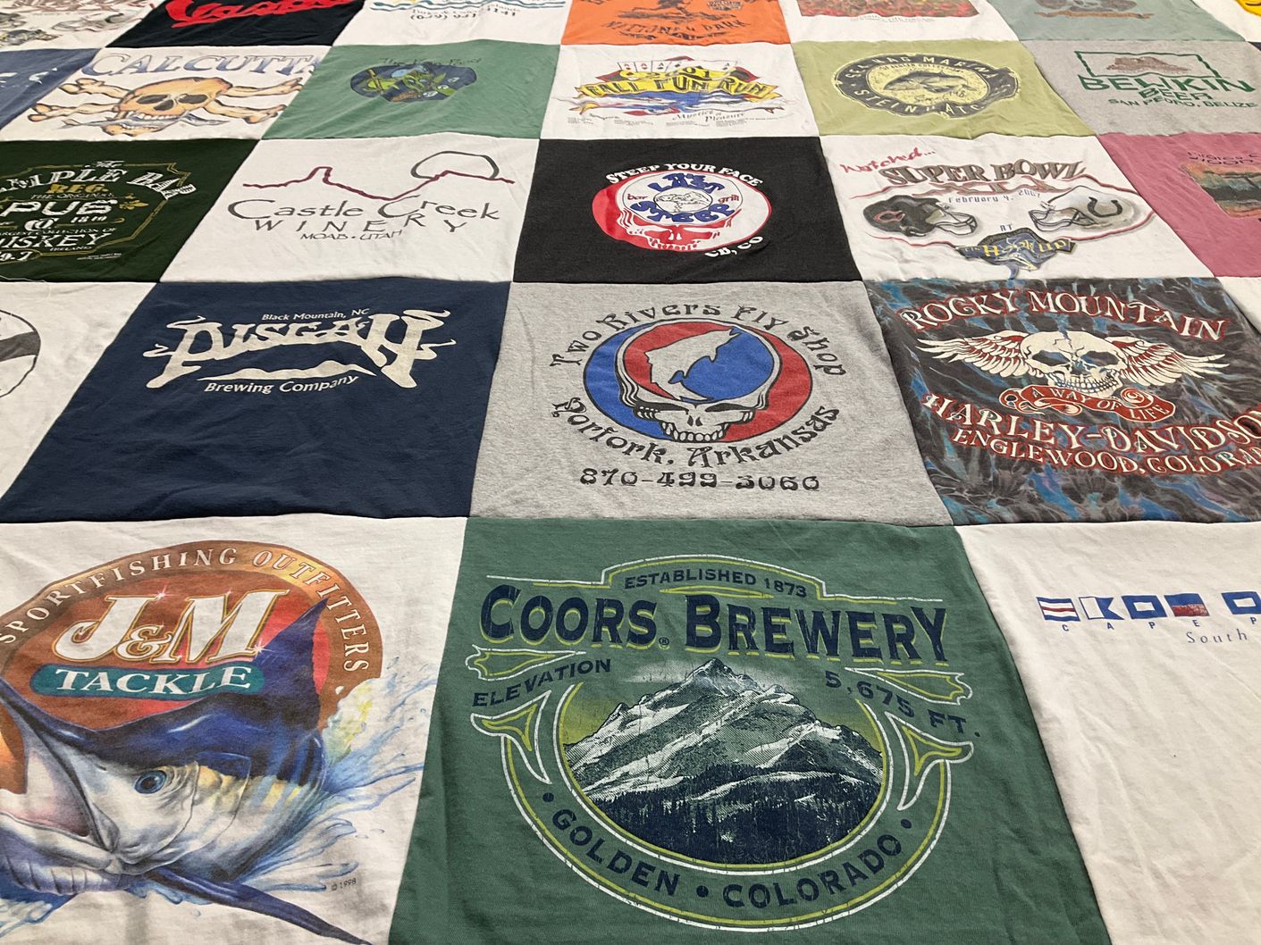 T-shirt quilt with brewing, fishing themes by Charles from AL