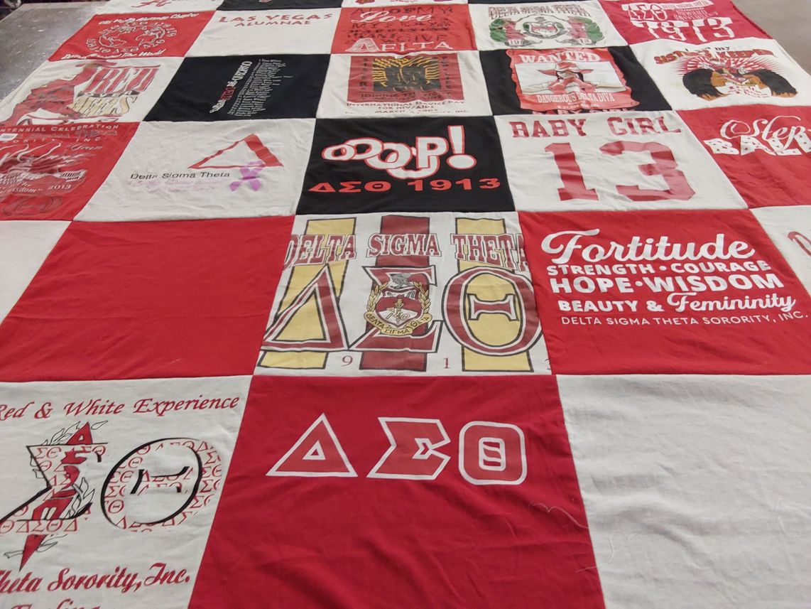 T-shirt quilt with sororities, sisterhood themes by Marcia from NV