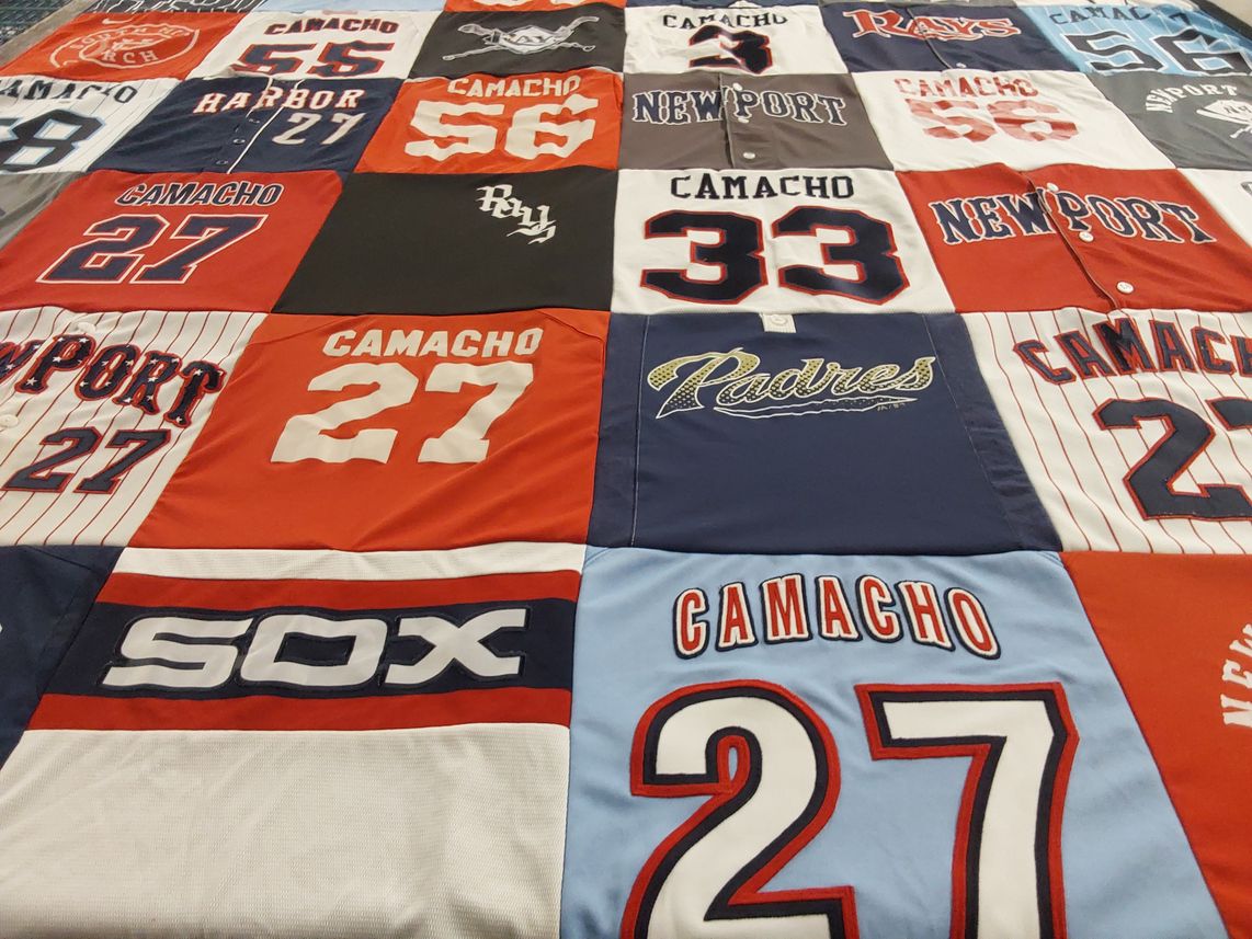 T-shirt quilt with baseball themes by Moses from CA