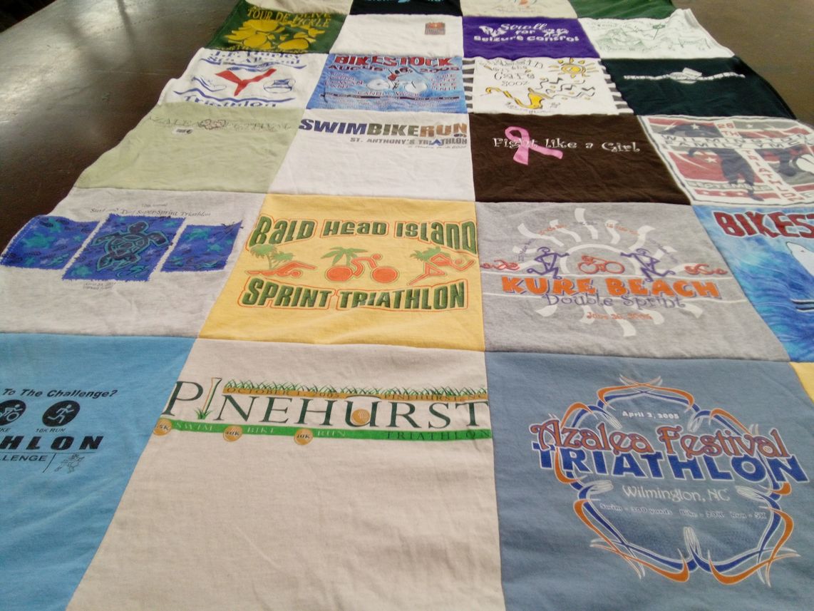T-shirt quilt with triathlons, sports themes by Beth from NC