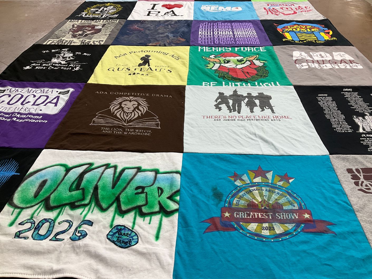 T-shirt quilt with performing arts, theater themes by Janet from OK