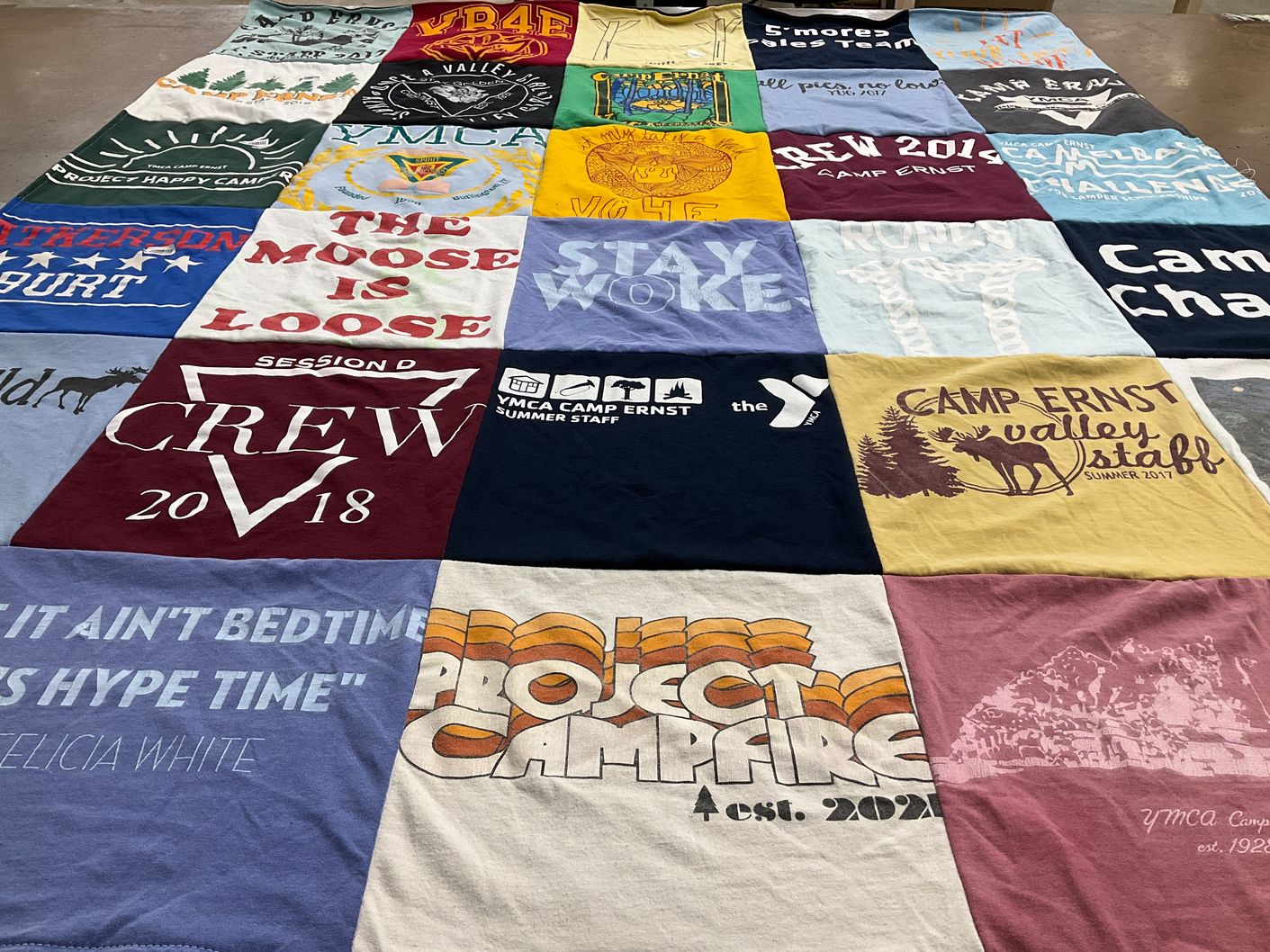 T-shirt quilt with camping, outdoor activities themes by Annie from TX