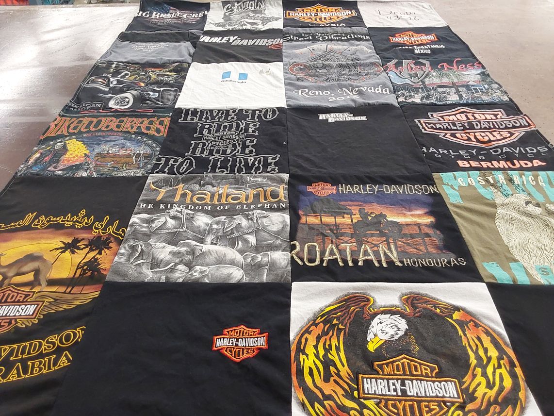 T-shirt quilt with motorcycles, travel themes by Andrea from CA