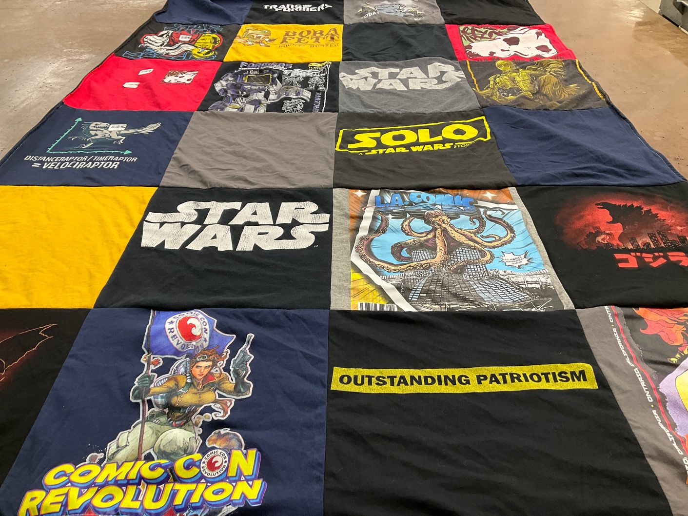 T-shirt quilt with comics, movies themes by Belinda from CA