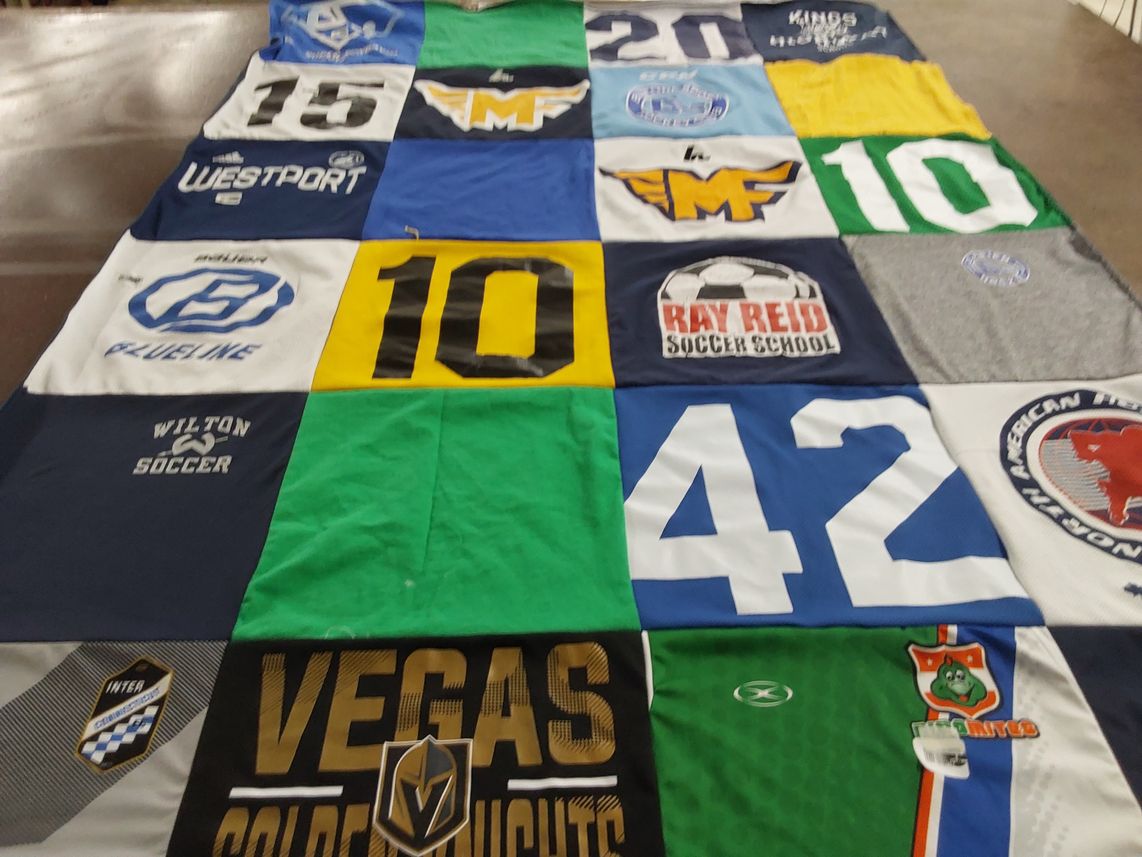 T-shirt quilt with soccer, sports themes by Hadas from CT