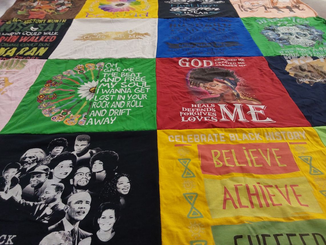 T-shirt quilt with black history, music themes by Trina from NE
