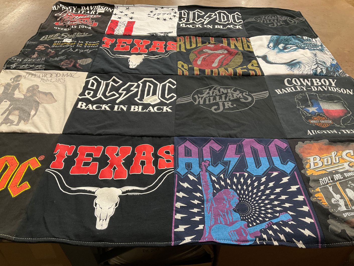 T-shirt quilt with music, motorcycles themes by Lori from TX