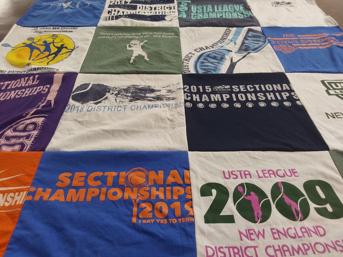 T-shirt quilt with tennis, sports themes by Lori from NH