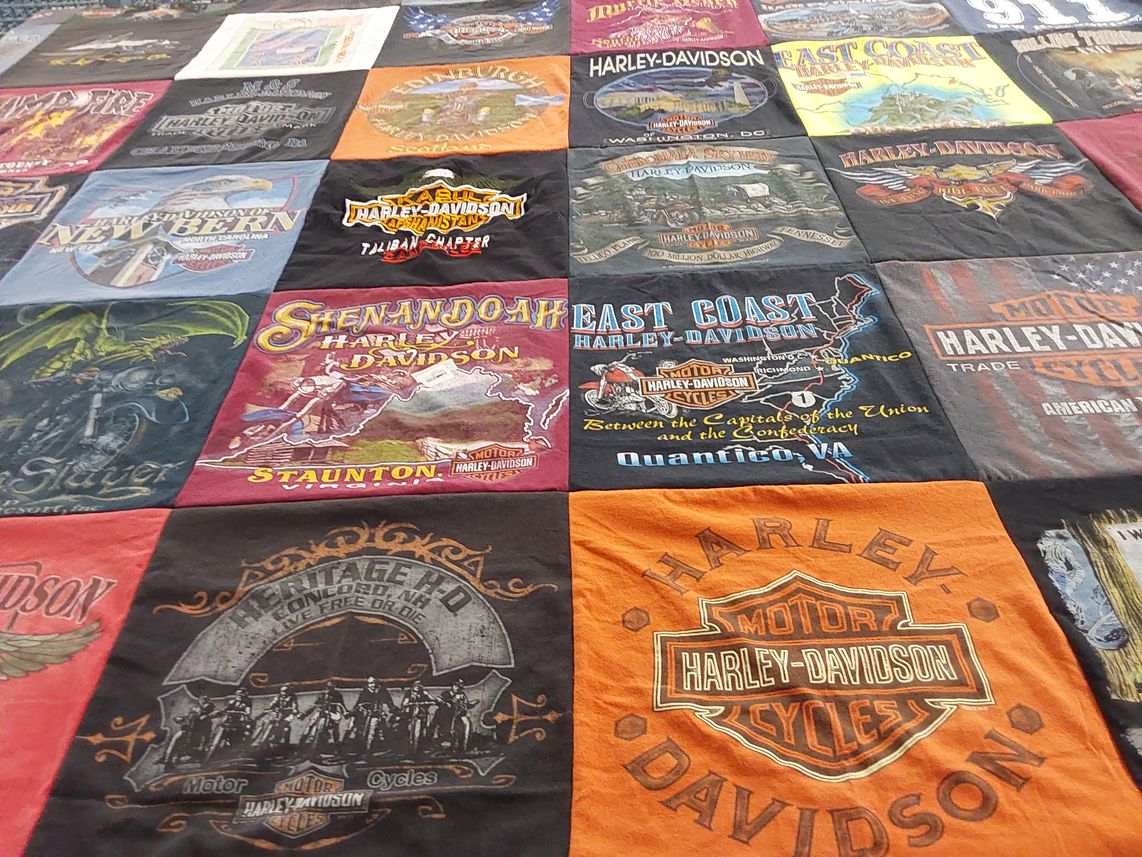 T-shirt quilt with motorcycles, biking themes by Valerie from NC