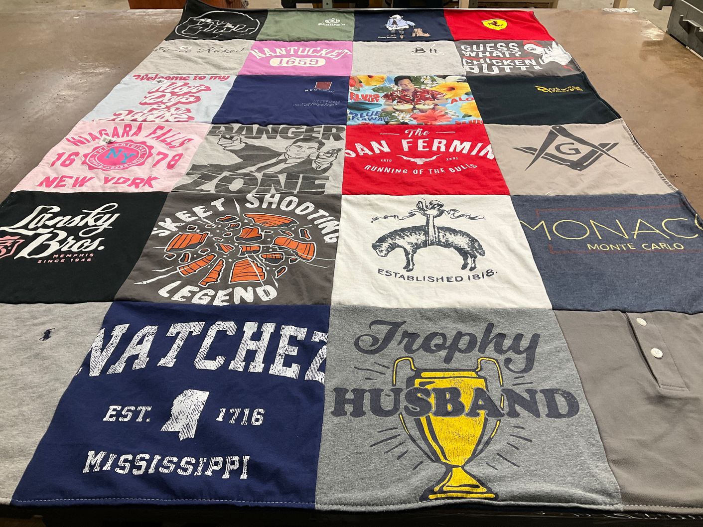 T-shirt quilt with travel, food themes by Paula from AL
