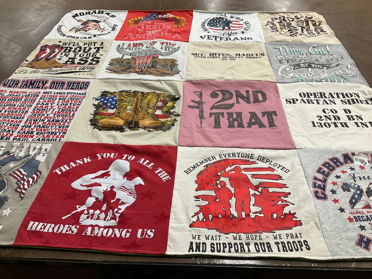T-shirt quilt with military, veterans themes by Natasha from IL