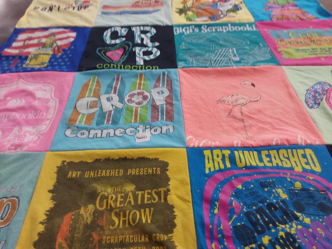 T-shirt quilt with scrapbooking themes by Ruby from MS
