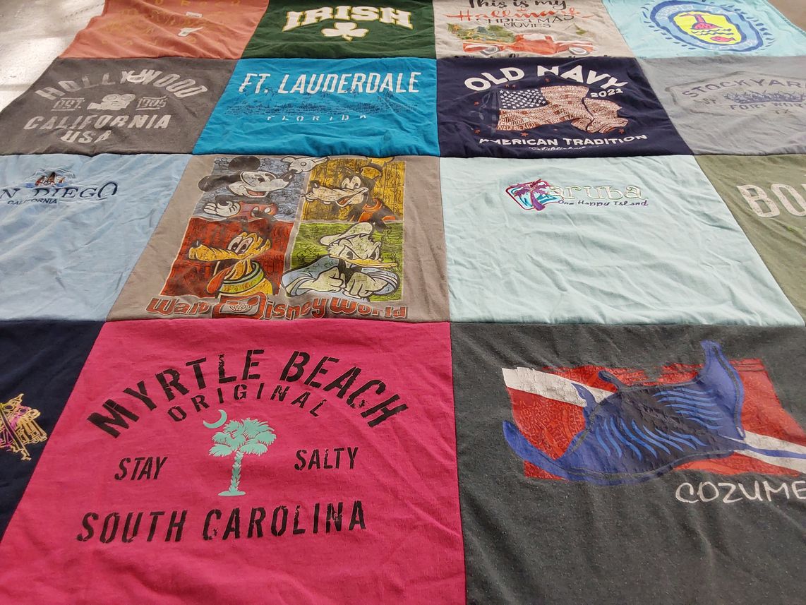 T-shirt quilt with travel, beaches themes by Mike from NY