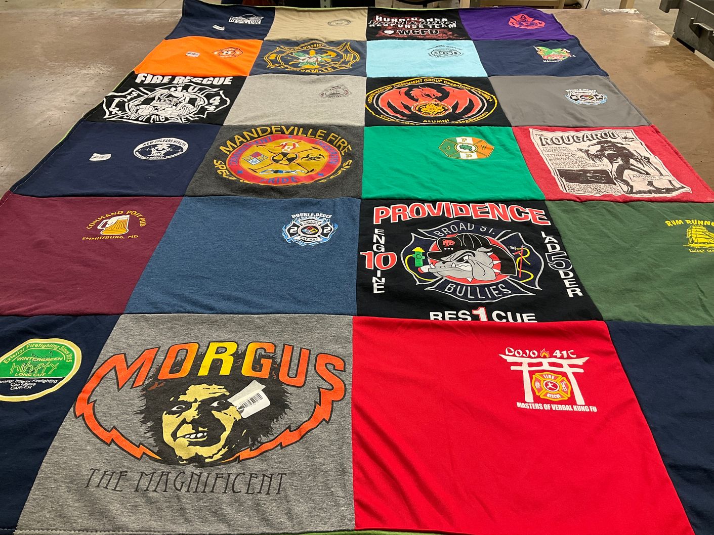T-shirt quilt with firefighting, martial arts themes by Joseph from LA