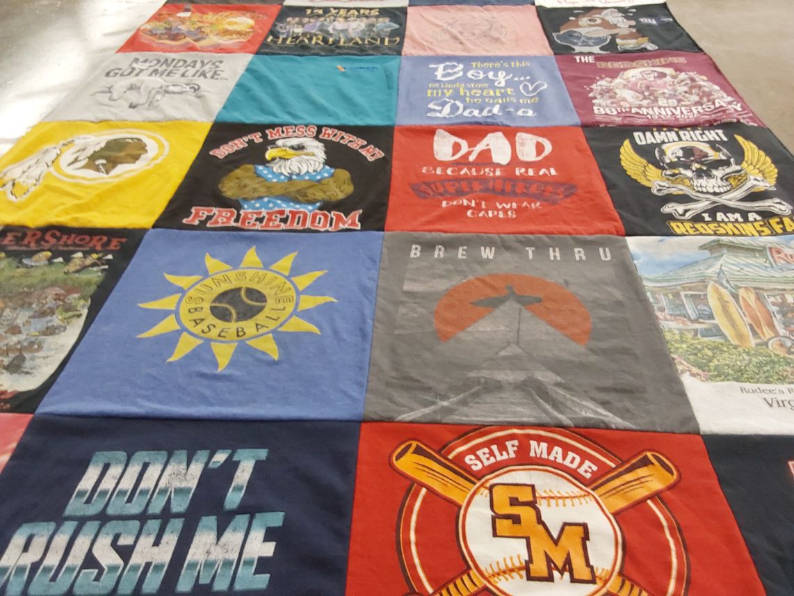 T-shirt quilt with baseball, freedom themes by Pat from VA