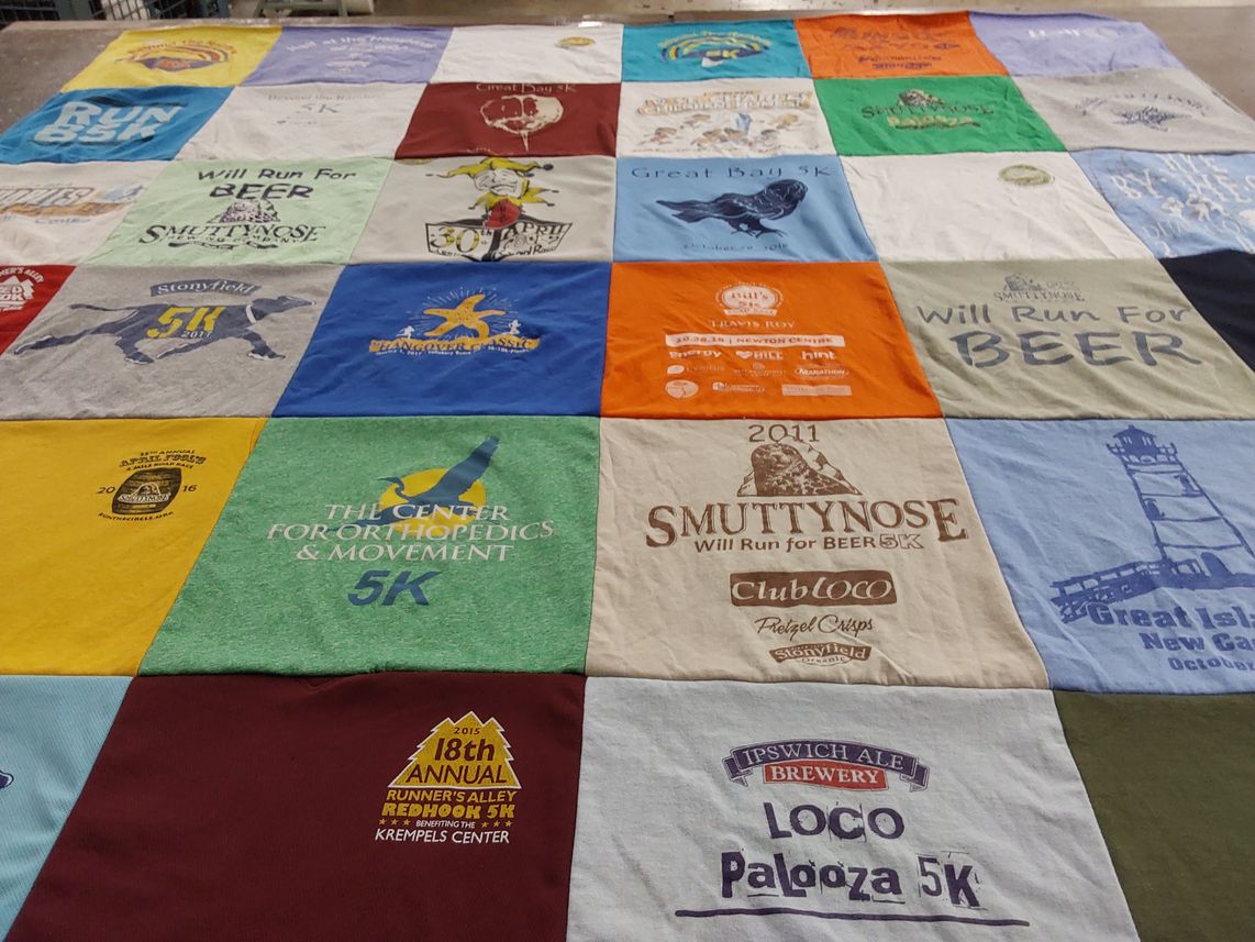 T-shirt quilt with running, breweries themes by Jeanneen from NH