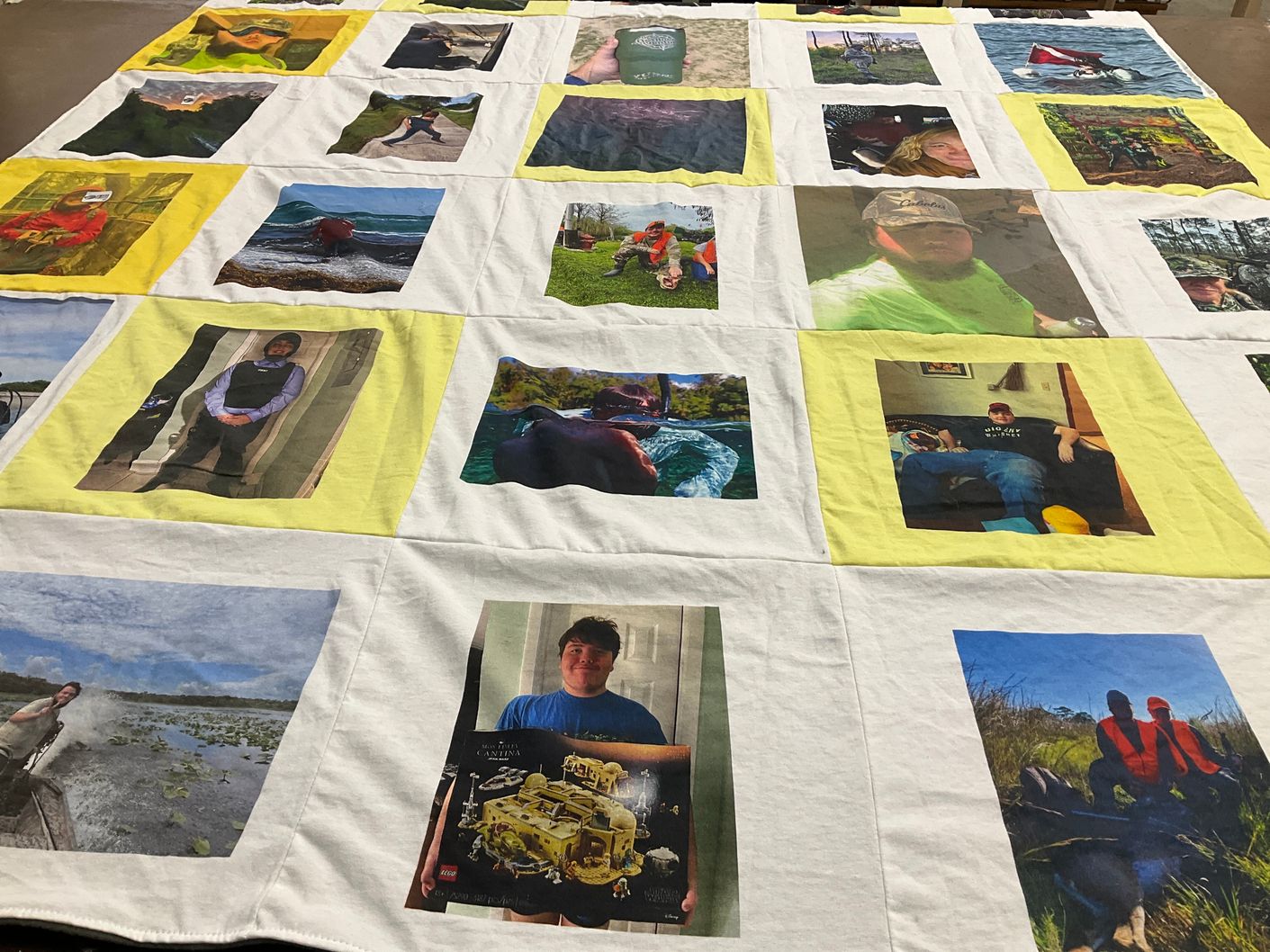 T-shirt quilt with fishing, outdoor activities themes by Christine from FL