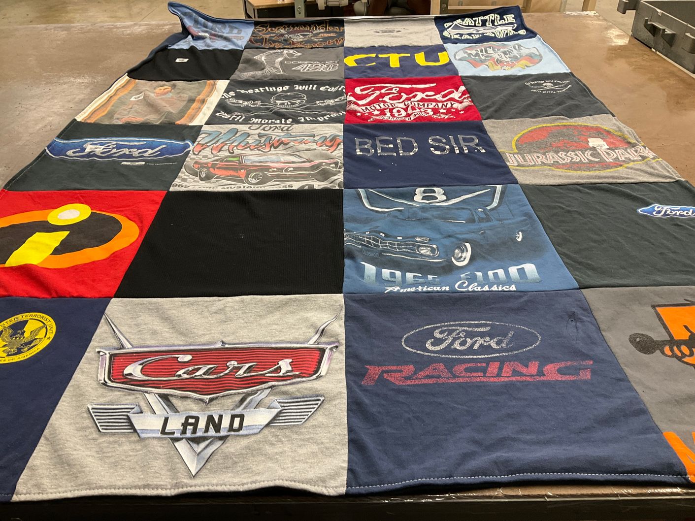 T-shirt quilt with cars, racing themes by Alexis from WA