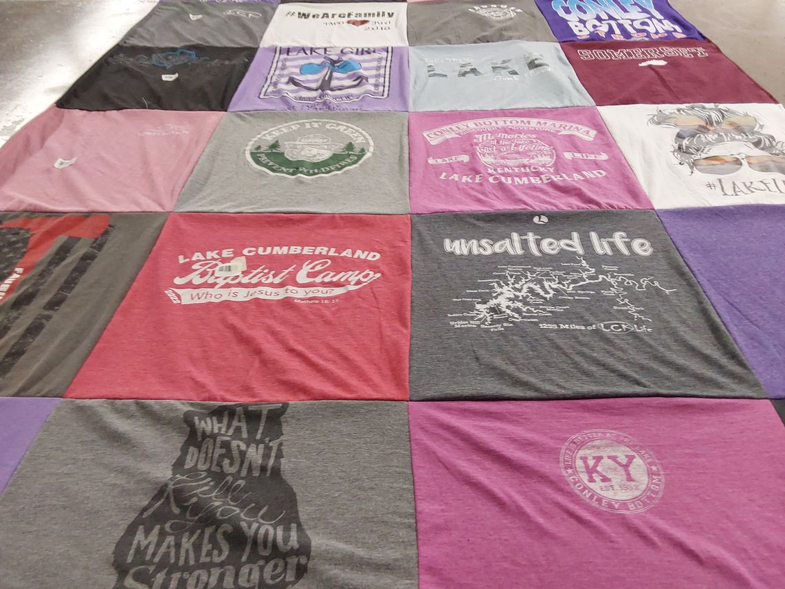 T-shirt quilt with camping, lake activities themes by Kelly from OH