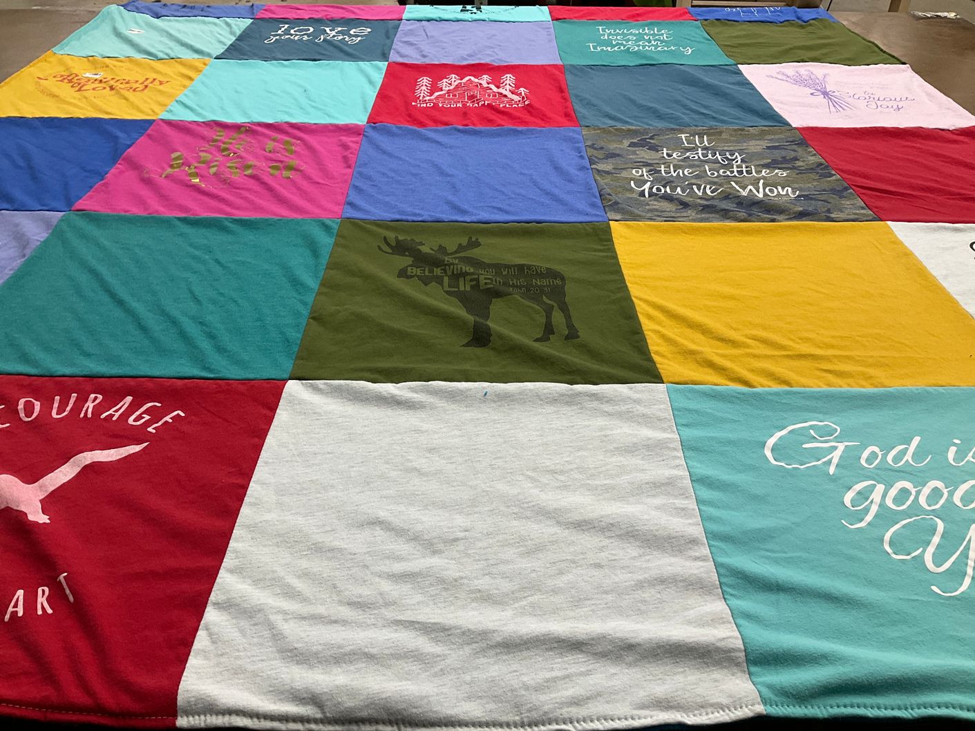 T-shirt quilt with faith, inspiration themes by Rachel from MO