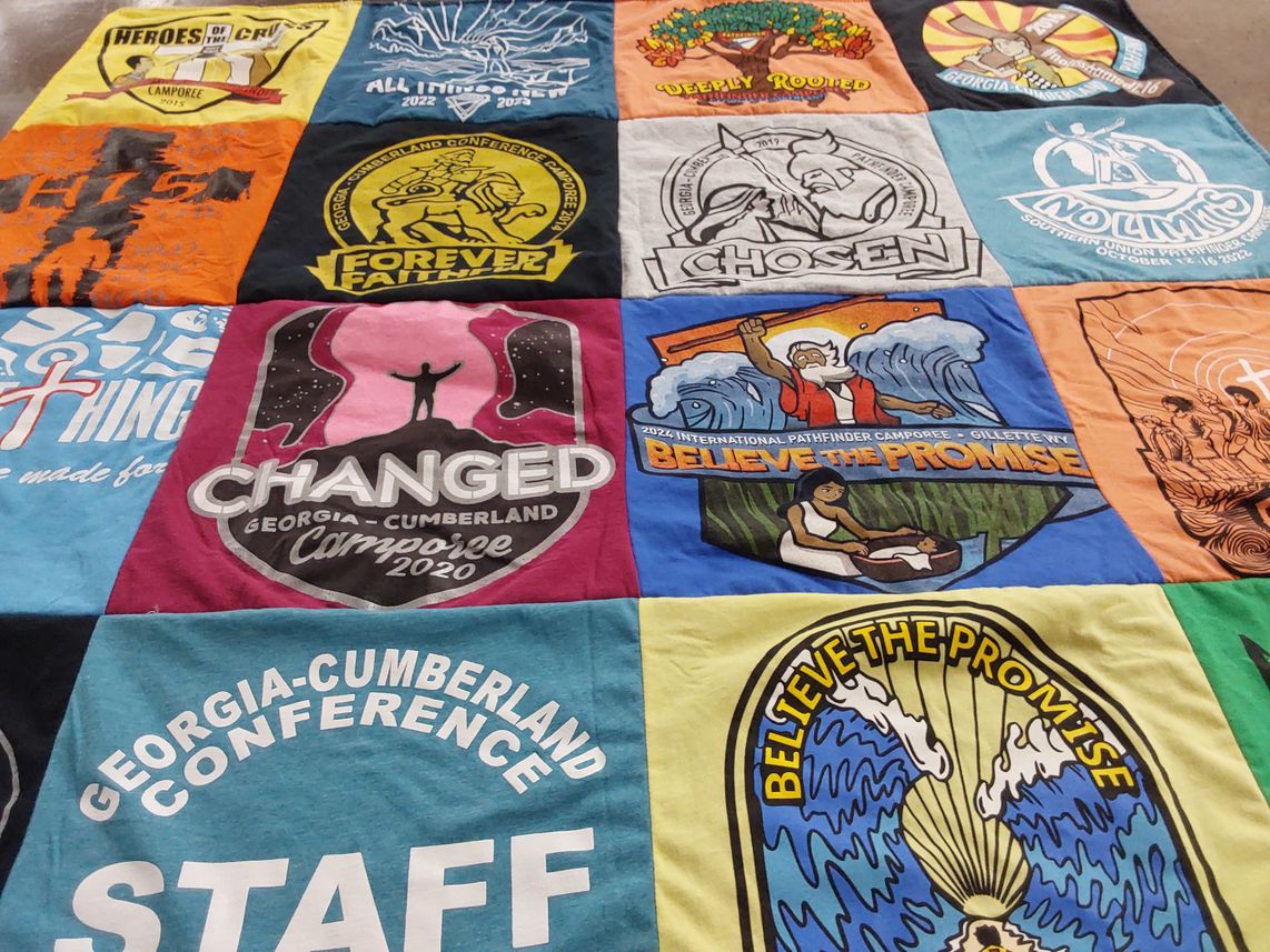 T-shirt quilt with camping, youth groups themes by Fernando from TN