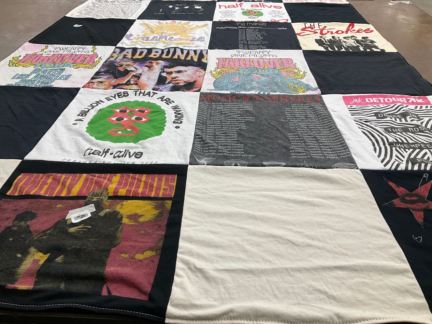 T-shirt quilt with music, concerts themes by Arlie from TX
