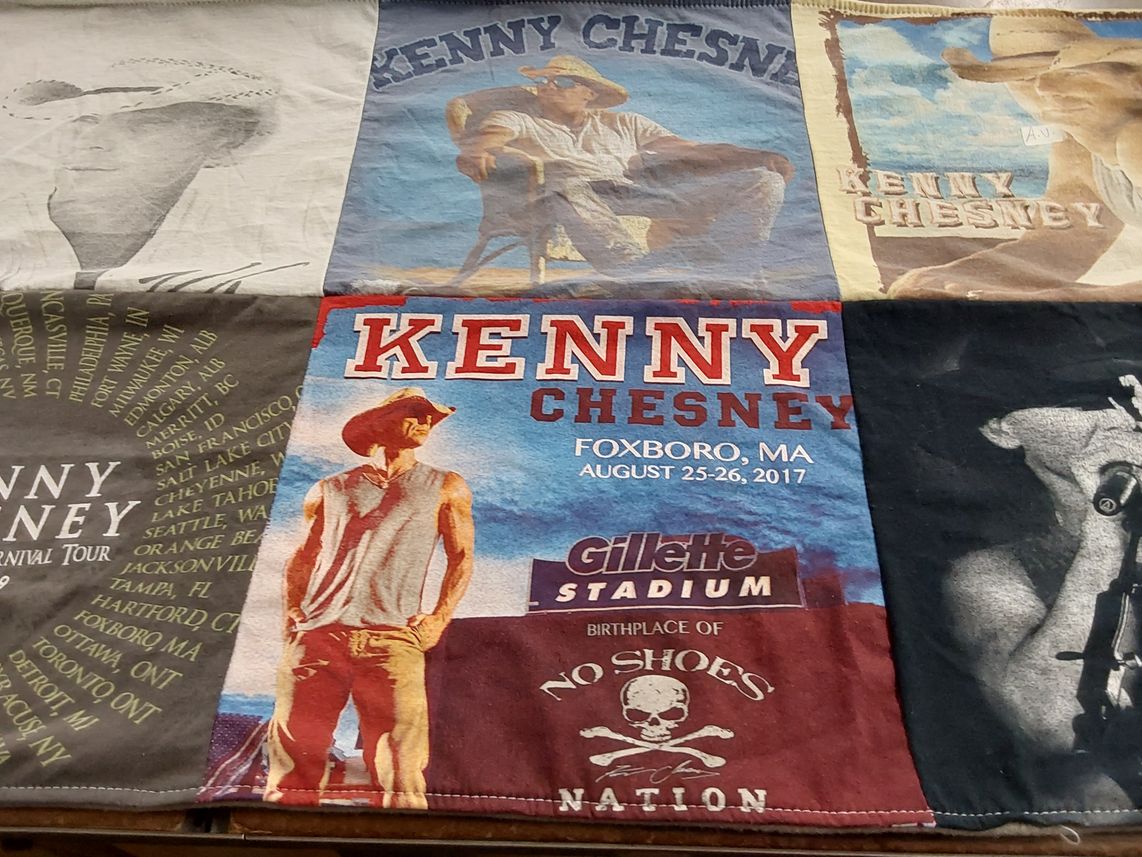T-shirt quilt with country music, concerts themes by Marie from OH