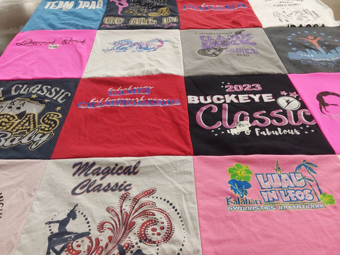 T-shirt quilt with gymnastics themes by Stephanie from IN