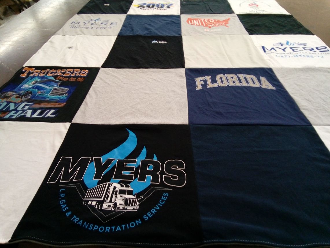 T-shirt quilt with trucking, transportation themes by Stephen from IN