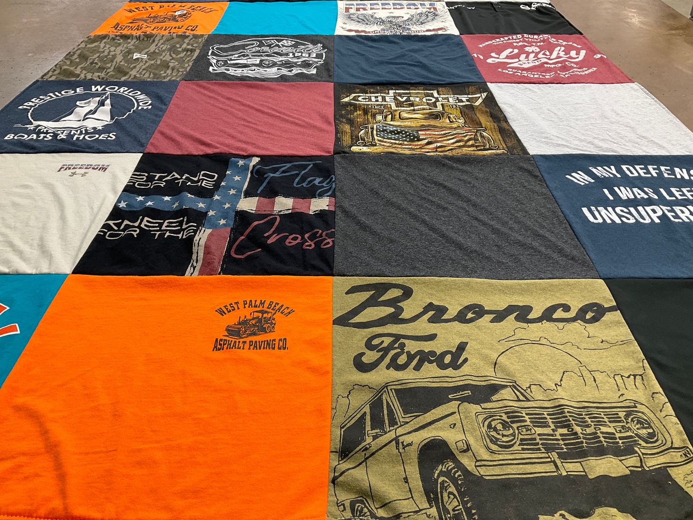 T-shirt quilt with automobiles, boating themes by Jenny from FL