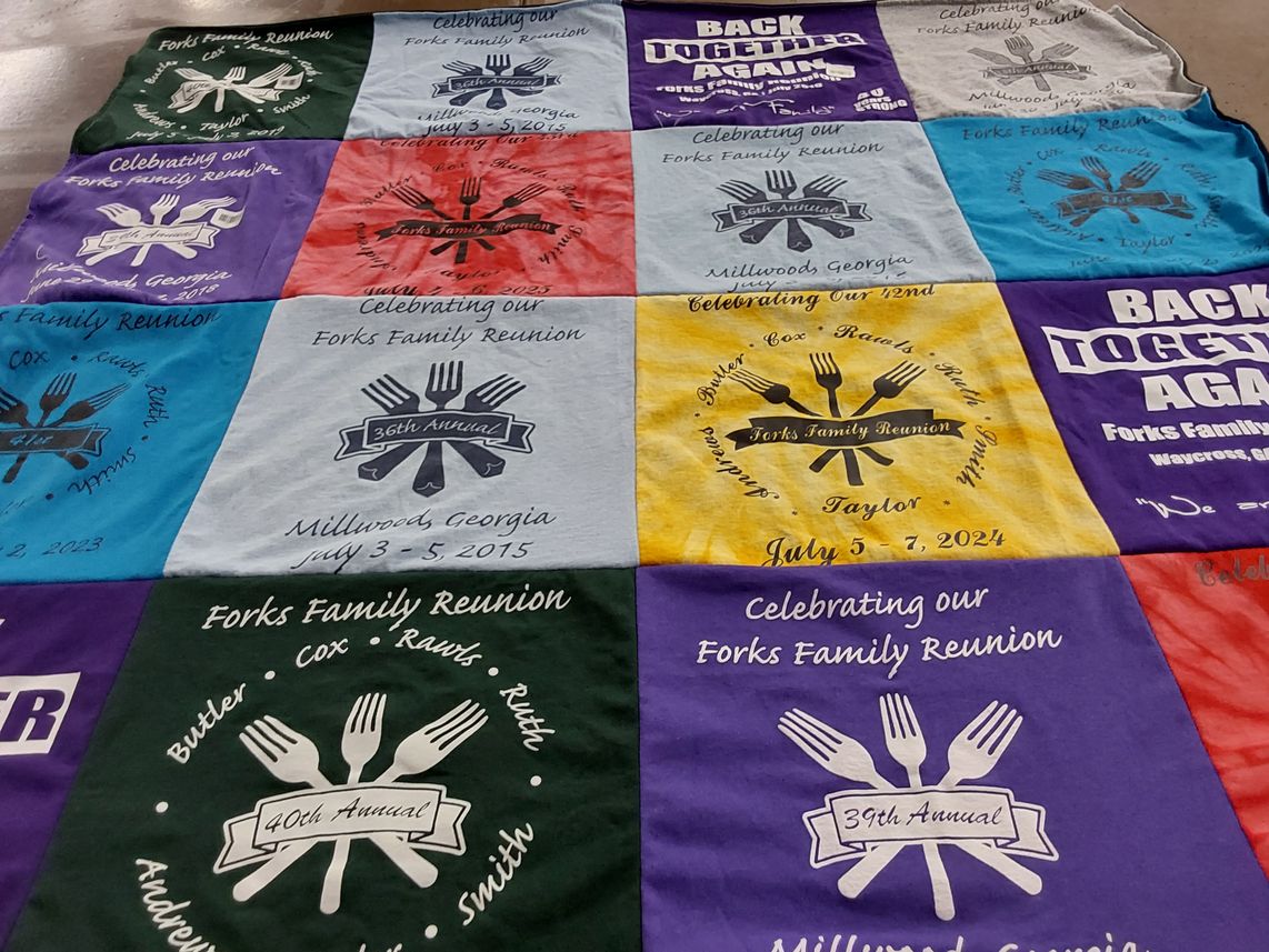 T-shirt quilt with family gatherings, celebrations themes by Stephanie from FL