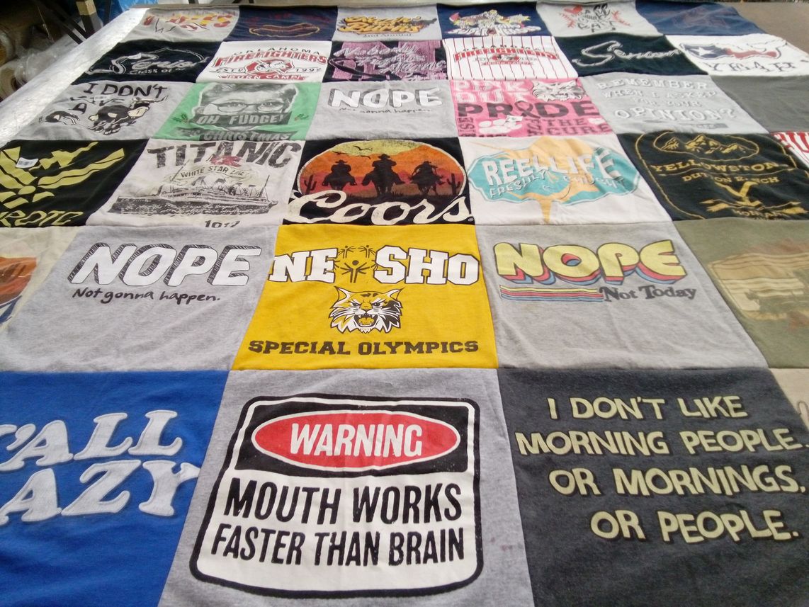 T-shirt quilt with humor themes by Victoria from MO