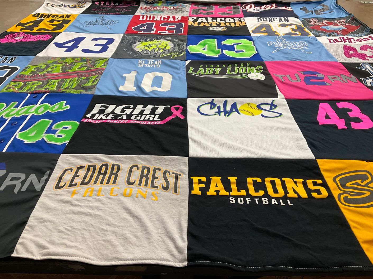 T-shirt quilt featuring cedar crest falcons by Crystal from MD